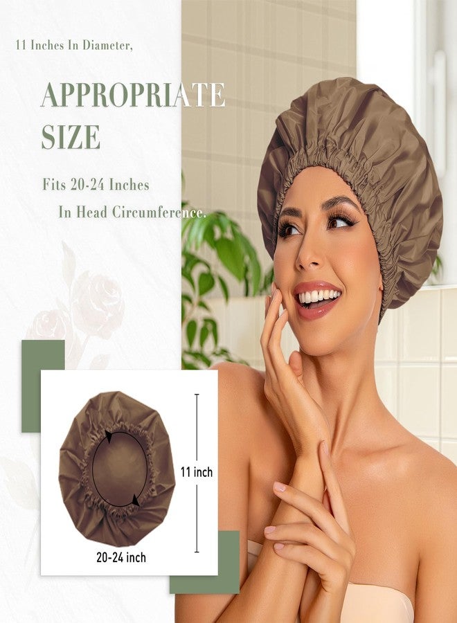 Edoneery Reusable Shower Cap for Women, Large Waterproof Shower Bonnet Washable Elastic Band Bath Accessories Hair Hat for Long Hair, Braids(Brown) - Image 3