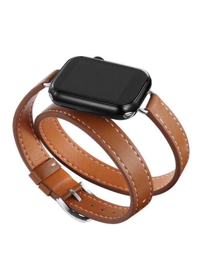 عربست سوار ساعة جلدي متوافق مع سلسلة ساعات Apple Watch Band 38 مم 40 مم 41 مم 42 مم للنساء، حزام بديل رفيع من الجلد الأصلي بتصميم مزدوج لسلسلة iWatch Series 10 9 8 7 6 SE، بني - Image 2