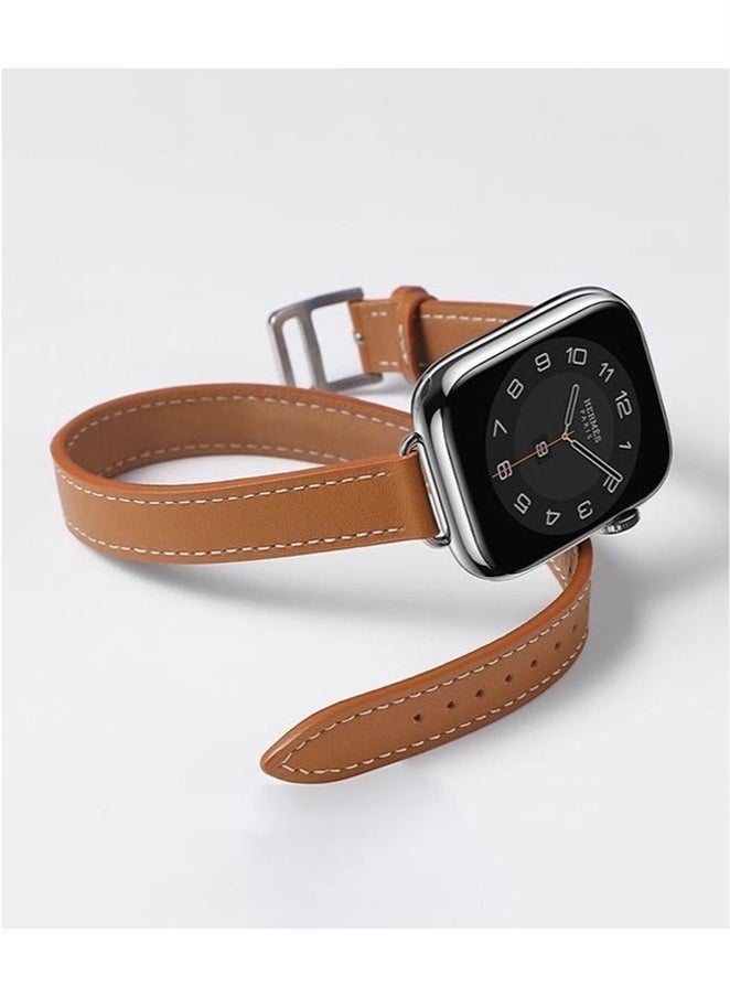عربست سوار ساعة جلدي متوافق مع سلسلة ساعات Apple Watch Band 38 مم 40 مم 41 مم 42 مم للنساء، حزام بديل رفيع من الجلد الأصلي بتصميم مزدوج لسلسلة iWatch Series 10 9 8 7 6 SE، بني - Image 1