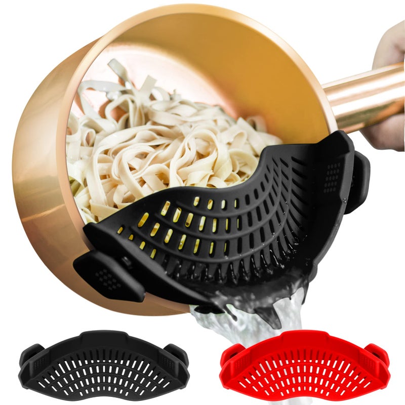 AUOON Clip on Strainer Fits for All Pots Pans Silicone Colander Food Strainer for Pasta Spaghetti Ground Beef Grease Heat Resistant Silicone Easy to Use and Store Dishwasher Safe BlackRed