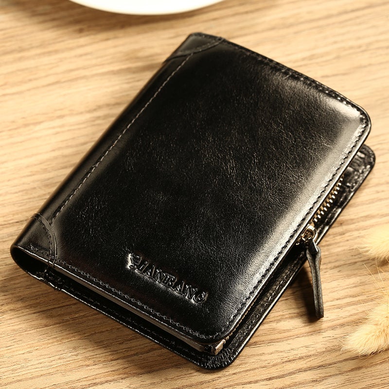 Mens Genuine Leather Wallet Coin Pouch Zipper Card Holder MBQ2751BH oil wax leather black
