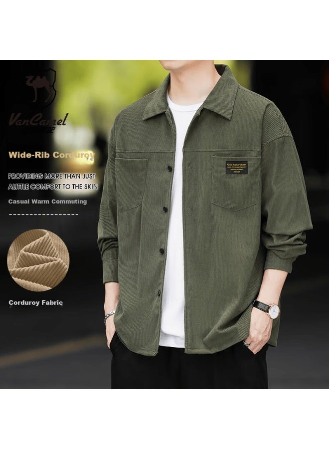 Vancamel Long Sleeve Men's Corduroy Shirt Autumn Youth Korean Style Trendy Jacket Army Green 3XL