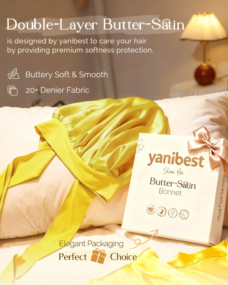 YANIBEST Silk Bonnet for Sleeping Women Adjustable Double Layer Satin Bonnet Reduce Friction Prevent Frizz Natural Curly Hair, Yellow - Image 2