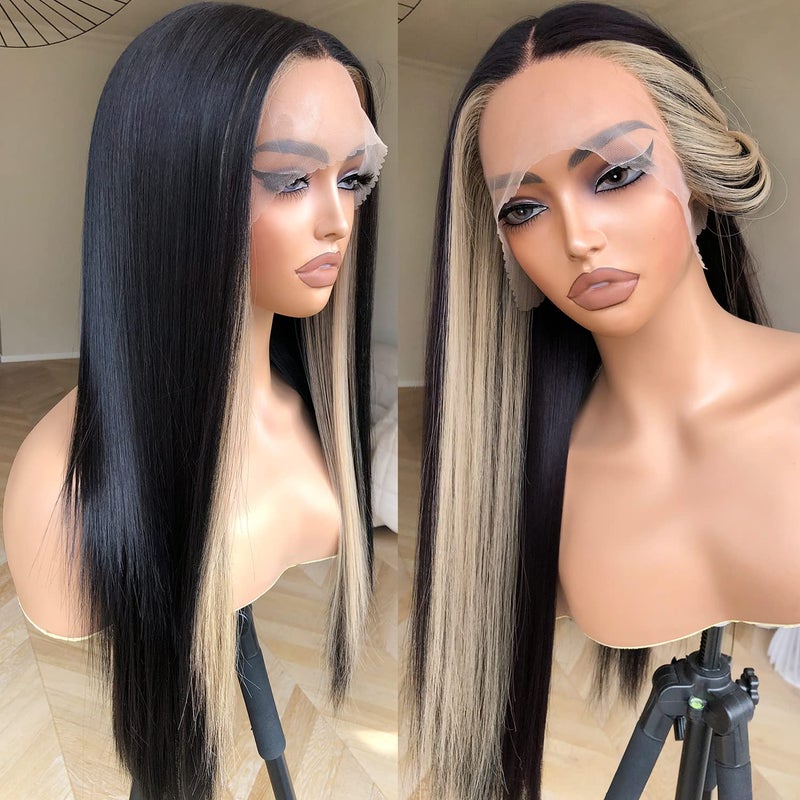BrownBomb Skunk Stripe Wig Lace Front Wig Pre Plucked Ready to Wear, HD Glueless 13X5X1 Synthetic Lace Front Wigs for Women 180 Density 26inch, Black and Blonde Wig Skunk Stripe Effortless Chic - Image 3