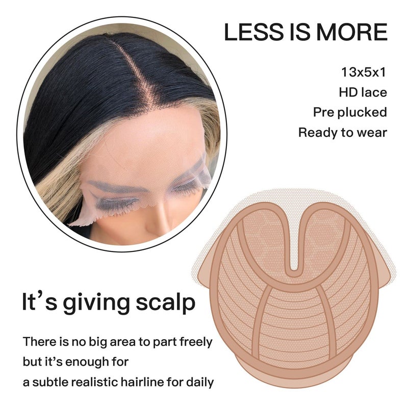 BrownBomb Skunk Stripe Wig Lace Front Wig Pre Plucked Ready to Wear, HD Glueless 13X5X1 Synthetic Lace Front Wigs for Women 180 Density 26inch, Black and Blonde Wig Skunk Stripe Effortless Chic - Image 4