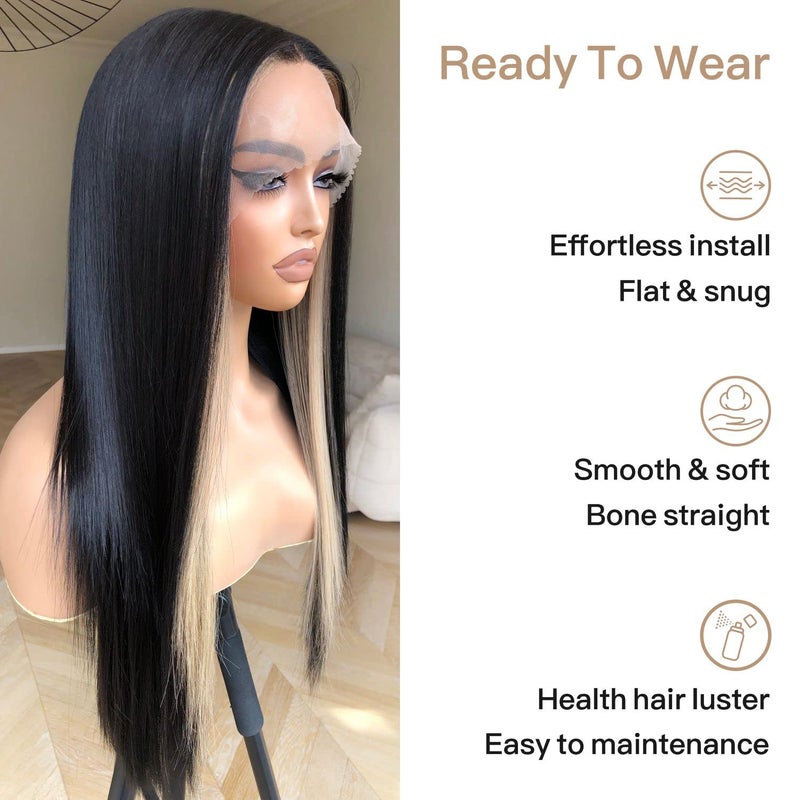 BrownBomb Skunk Stripe Wig Lace Front Wig Pre Plucked Ready to Wear, HD Glueless 13X5X1 Synthetic Lace Front Wigs for Women 180 Density 26inch, Black and Blonde Wig Skunk Stripe Effortless Chic - Image 5