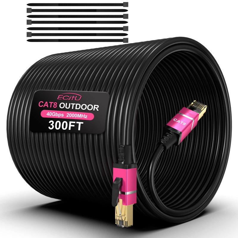 ecjtu كابل إيثرنت خارجي Cat8 بطول 300 قدم، تحت الأرض، 26AWG نحاس نقي Cat 8، ثقيل الوزن للدفن المباشر، غلاف LLDPE UV، مقاوم للماء، 40Gbps 2000Mhz SFTP كابل توصيل، POE، شبكة، إنترنت، مع 25 رباط كابل - Image 1