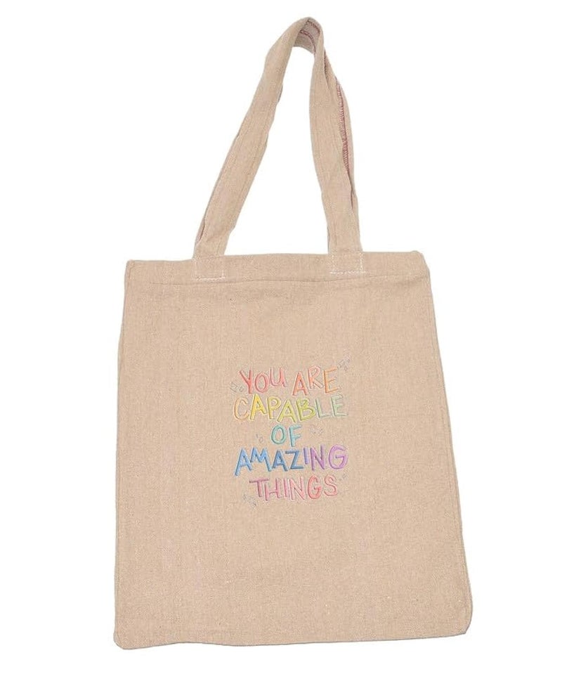 OX T-8 Canvas Comic Phrases Printed Words Shopping Tote Hand Bag for Women, Beige