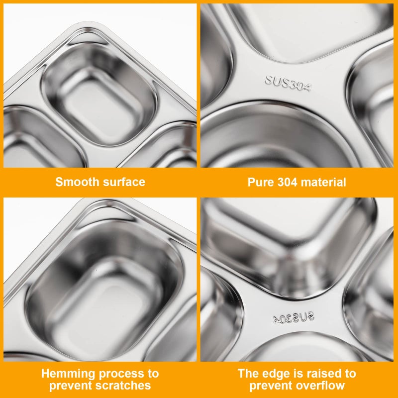 Foaincore 8 Pack 304 Stainless Steel Divided Plates Rectangular Portion Control Plates with Compartments Unbreakable Metal Food Tray for Lunch, Dinner, Camping, Heavy Gauge (5 Compartment) - Image 3