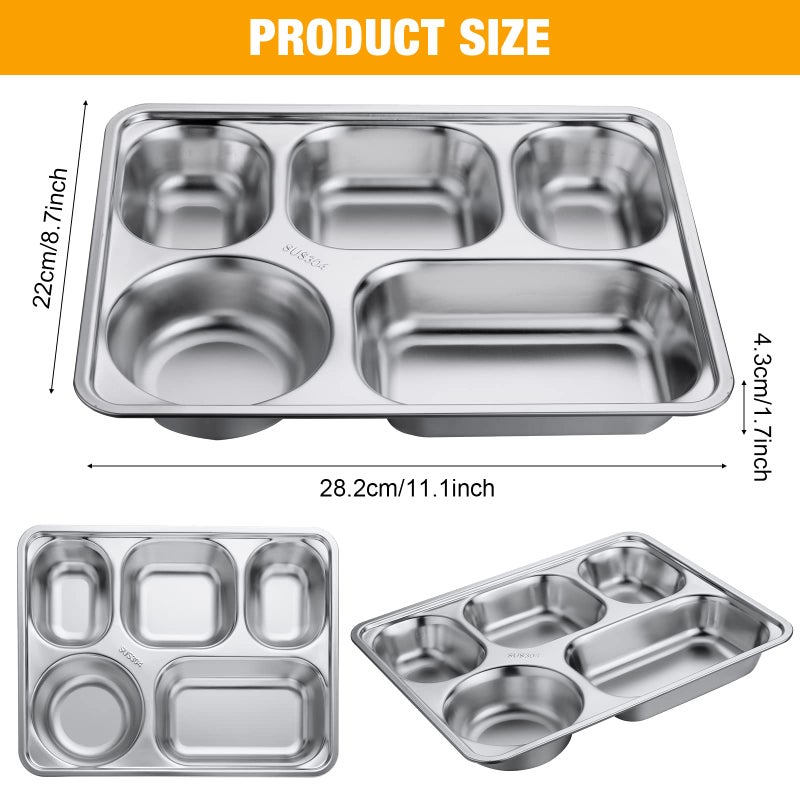 Foaincore 8 Pack 304 Stainless Steel Divided Plates Rectangular Portion Control Plates with Compartments Unbreakable Metal Food Tray for Lunch, Dinner, Camping, Heavy Gauge (5 Compartment) - Image 2