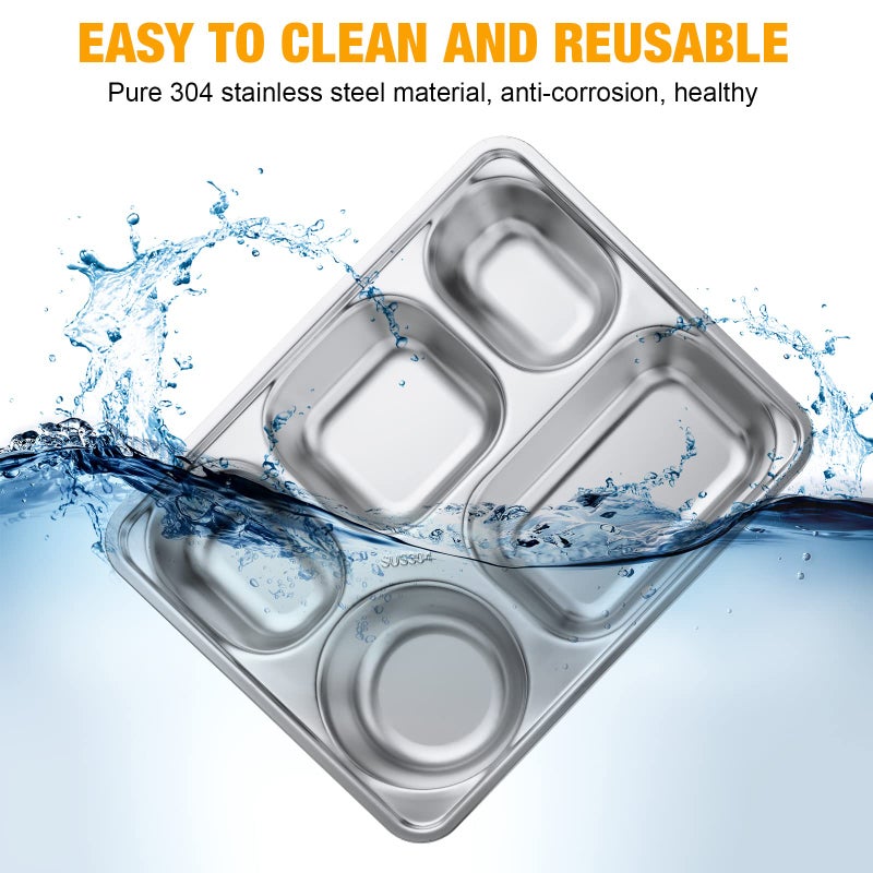Foaincore 8 Pack 304 Stainless Steel Divided Plates Rectangular Portion Control Plates with Compartments Unbreakable Metal Food Tray for Lunch, Dinner, Camping, Heavy Gauge (5 Compartment) - Image 5