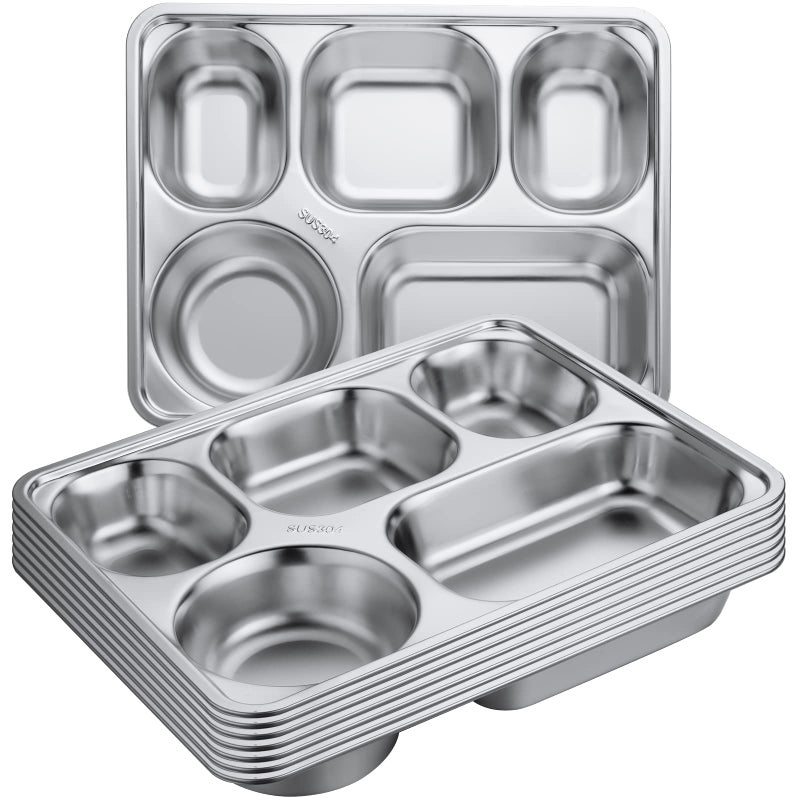 Foaincore 8 Pack 304 Stainless Steel Divided Plates Rectangular Portion Control Plates with Compartments Unbreakable Metal Food Tray for Lunch, Dinner, Camping, Heavy Gauge (5 Compartment) - Image 1