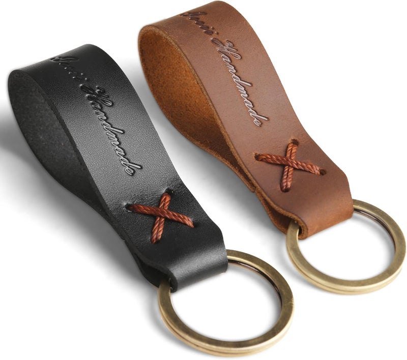 Handmade Genuine Leather Car Keychain 2 Pack, Metal key rings for car keys or Home Keys, Car Accessory for Men and Women(Brown&Black) - Image 1