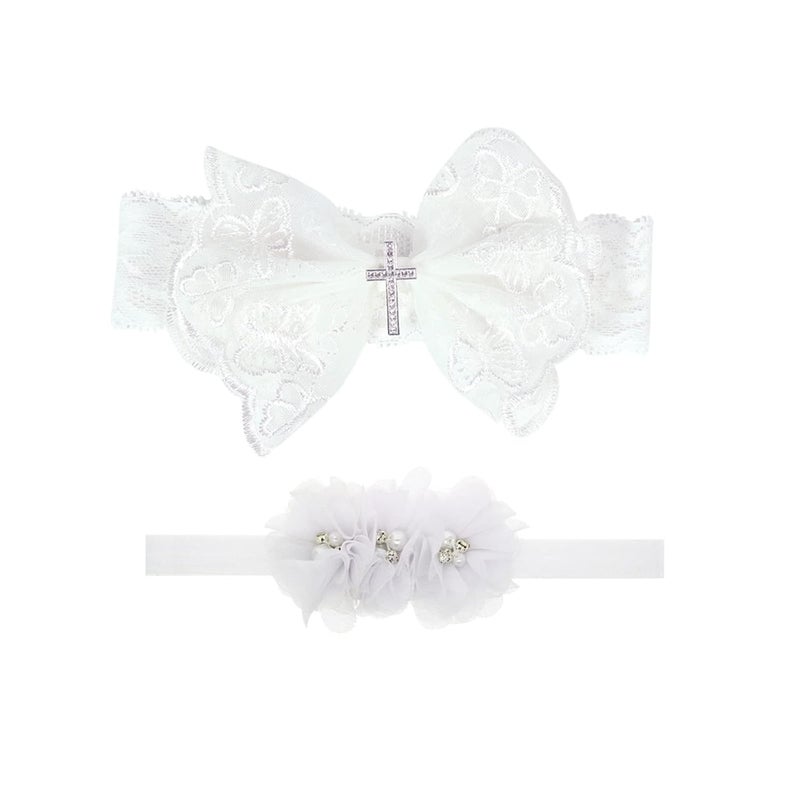 Nishine 2 Pack Baptism White Newborn Bowknot Headbands Baby Christening Hair Bows Headwrap Toddler Hairband Cross Button - Image 1