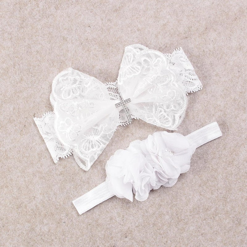 Nishine 2 Pack Baptism White Newborn Bowknot Headbands Baby Christening Hair Bows Headwrap Toddler Hairband Cross Button - Image 2