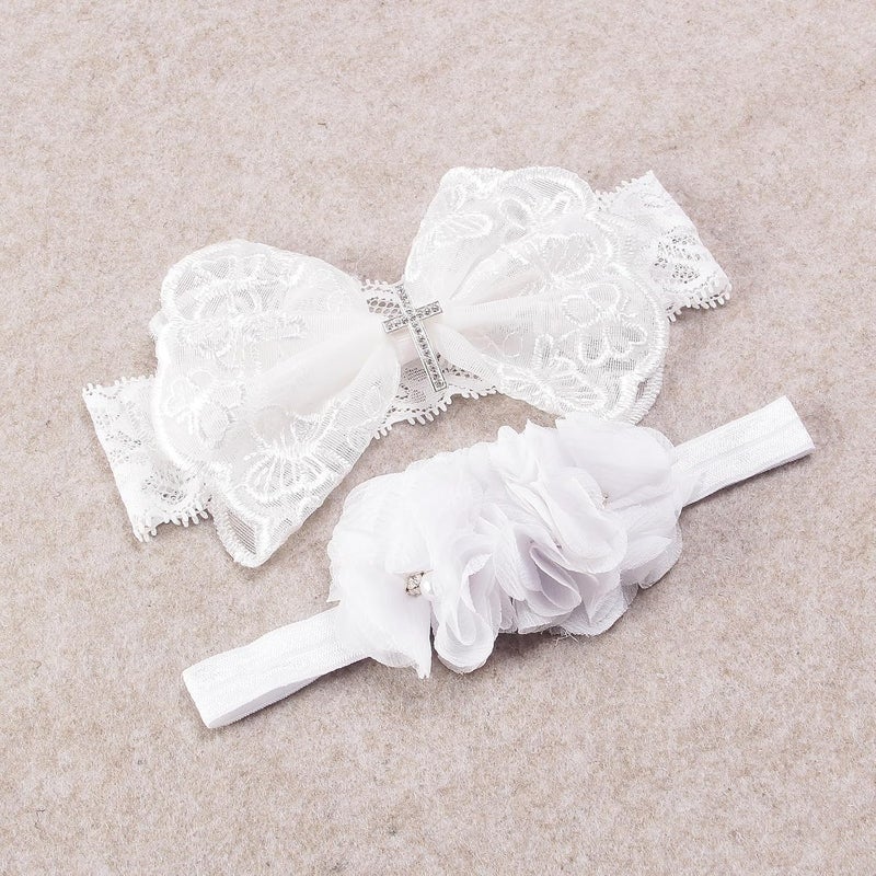 Nishine 2 Pack Baptism White Newborn Bowknot Headbands Baby Christening Hair Bows Headwrap Toddler Hairband Cross Button - Image 3