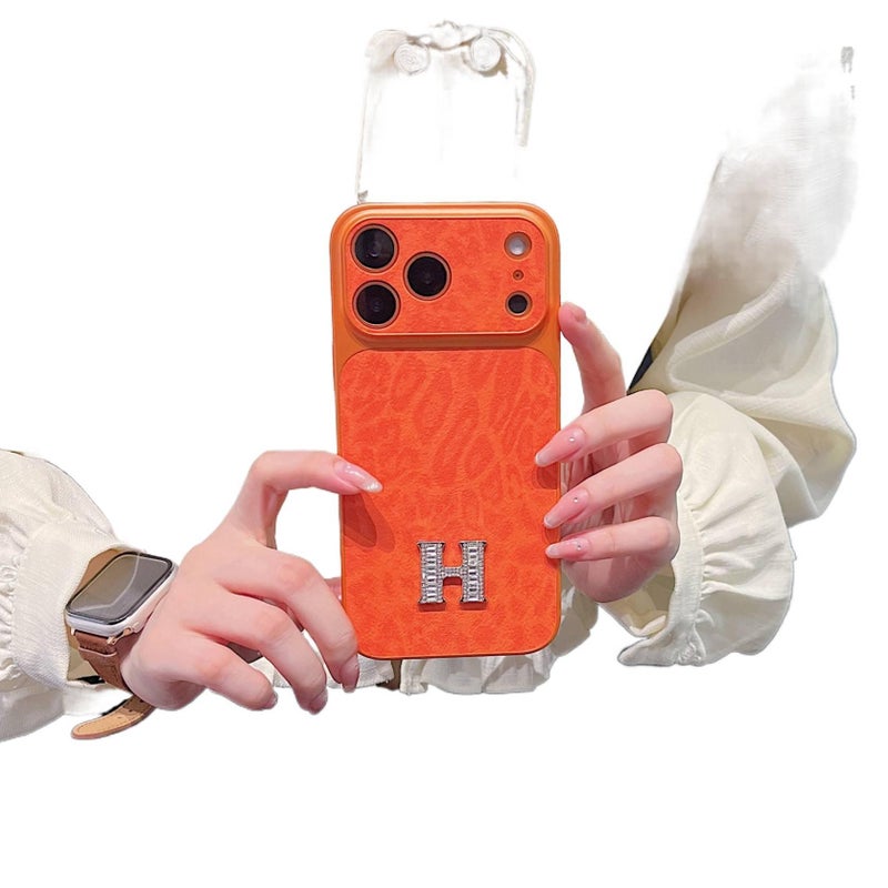 MS Aramid Fiber Protective Case for iPhone 16 / 16 Plus / 16 Pro / 16 Pro Max with Large Window and Leopard Print plus Diamond Rhinestone plus Hermès Style in Orange - Image 1