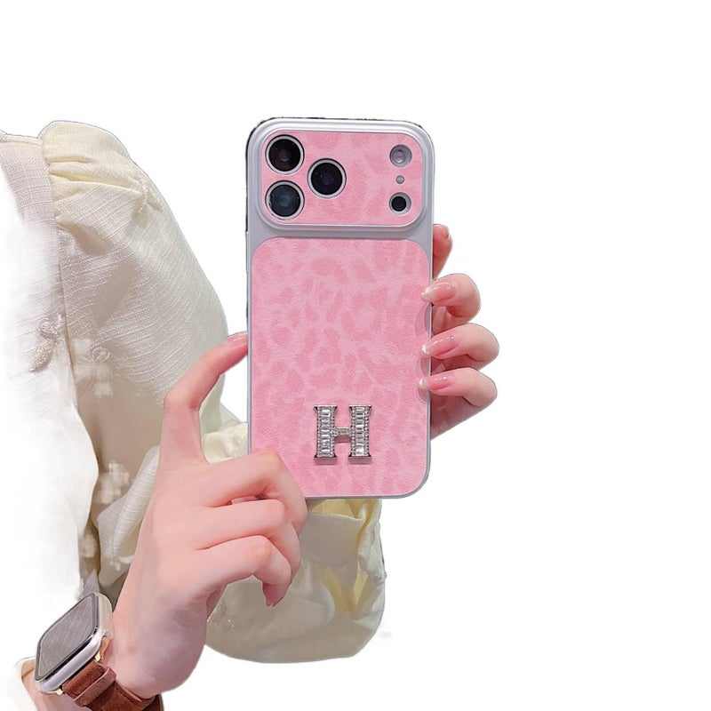 MS Aramid Fiber Protective Case for iPhone 16 / 16 Plus / 16 Pro / 16 Pro Max with Large Window and Leopard Print plus Diamond Rhinestone plus Hermès Style in Orange - Image 4