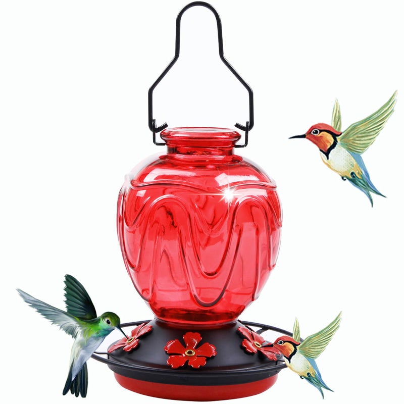 MCHBF Glass Hummingbird Feeder for Outdoors Hanging, 24Ozs Humming Bird Nectar Feeder w/Perch, 5 Flower Feeding Ports, Leak Proof Base and Hook for Outside Garden Backyard Decor, Gifts for Women Mom, Red - Image 1