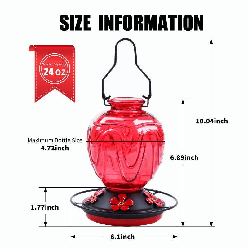 MCHBF Glass Hummingbird Feeder for Outdoors Hanging, 24Ozs Humming Bird Nectar Feeder w/Perch, 5 Flower Feeding Ports, Leak Proof Base and Hook for Outside Garden Backyard Decor, Gifts for Women Mom, Red - Image 4