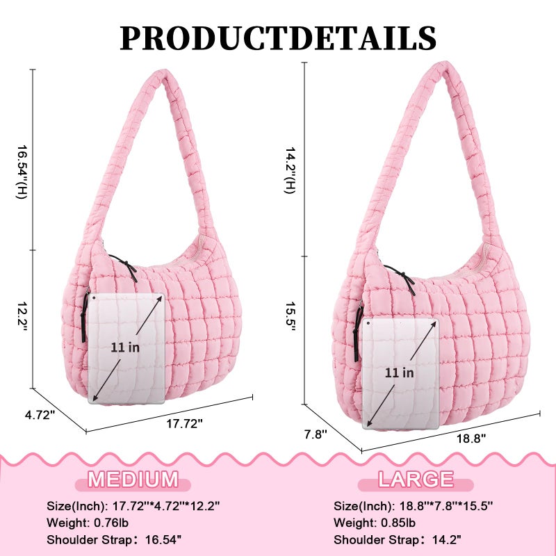 Iqimott Quilted Puffer Tote Crossbody Shoulder Bag with Zipper, Nylon Bubble Hobo Travel Top Handle Handbag for Women, Oversized Padding Quilted Bag Soft Large Carryall (Pink) - Image 2