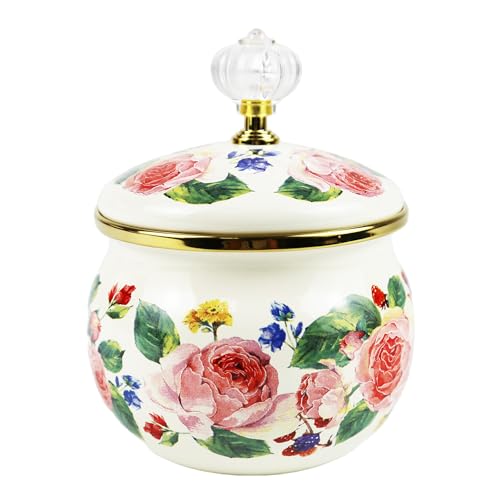 Leebright Floral Enamel Sugar Bowl Gold Ethnic Seasoning Jar Vintage Tea Canister Spice Box Retro Coffee Candy Storage Pot Bohemian Pink Flower Beige Salt Container Jar for Home Kitchen Decor - Image 1