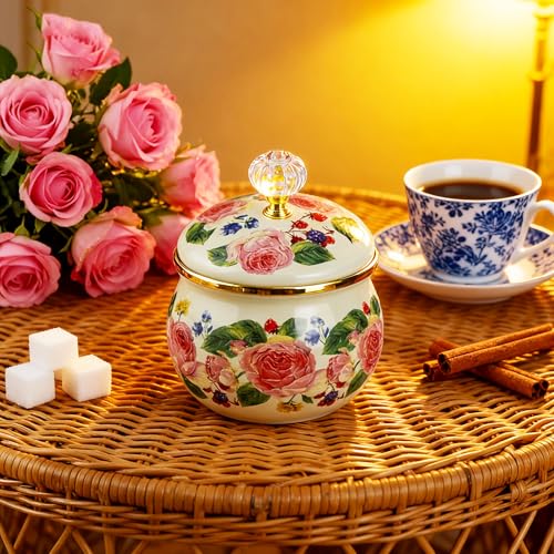 Leebright Floral Enamel Sugar Bowl Gold Ethnic Seasoning Jar Vintage Tea Canister Spice Box Retro Coffee Candy Storage Pot Bohemian Pink Flower Beige Salt Container Jar for Home Kitchen Decor - Image 4