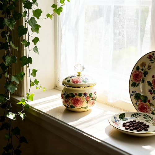 Leebright Floral Enamel Sugar Bowl Gold Ethnic Seasoning Jar Vintage Tea Canister Spice Box Retro Coffee Candy Storage Pot Bohemian Pink Flower Beige Salt Container Jar for Home Kitchen Decor - Image 5