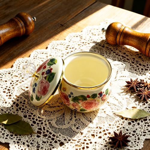 Leebright Floral Enamel Sugar Bowl Gold Ethnic Seasoning Jar Vintage Tea Canister Spice Box Retro Coffee Candy Storage Pot Bohemian Pink Flower Beige Salt Container Jar for Home Kitchen Decor - Image 3