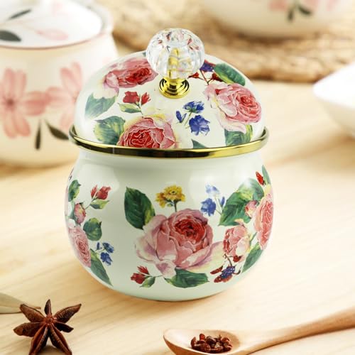 Leebright Floral Enamel Sugar Bowl Gold Ethnic Seasoning Jar Vintage Tea Canister Spice Box Retro Coffee Candy Storage Pot Bohemian Pink Flower Beige Salt Container Jar for Home Kitchen Decor - Image 2