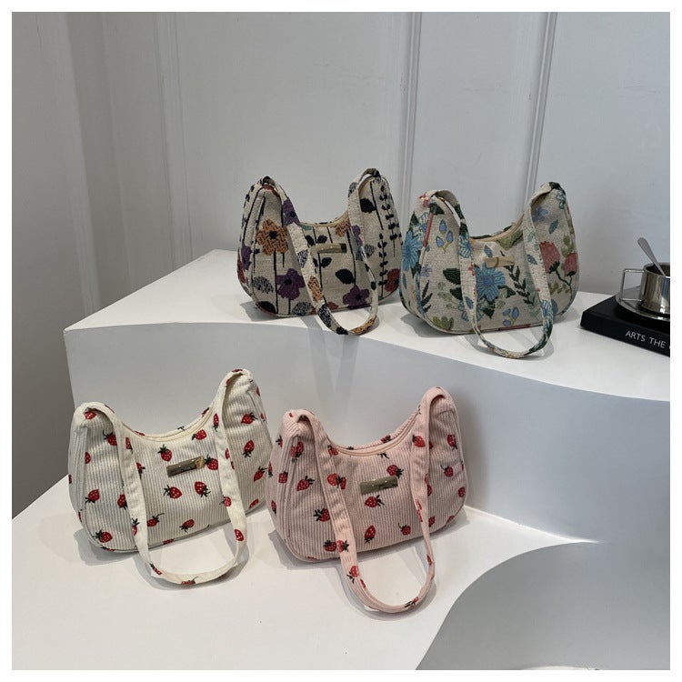 Stylish Underarm Bag Niche Artistic Niche Shoulder Bag Fashion Flower Beautiful Velvet Crescent Bag Trendy - Image 3