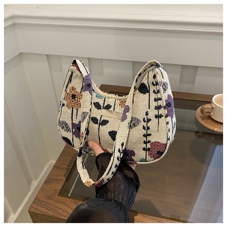 Stylish Underarm Bag Niche Artistic Niche Shoulder Bag Fashion Flower Beautiful Velvet Crescent Bag Trendy - Image 1