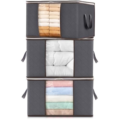 Lifewit 3 Pack 60L Clothes Storage Bins with Lids Foldable Blanket Storage Bags with Zippers Clear Window and Reinforced Handles Closet and Organization for Clothing Sweater Comforter Bedding - Image 1
