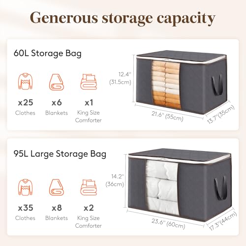 Lifewit 3 Pack 60L Clothes Storage Bins with Lids Foldable Blanket Storage Bags with Zippers Clear Window and Reinforced Handles Closet and Organization for Clothing Sweater Comforter Bedding - Image 3