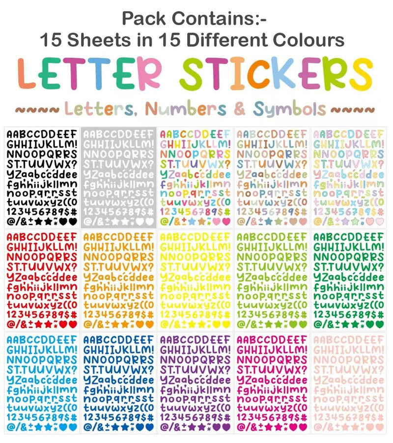 STORE 2508 Store2508 Alphabet Letter Stickers for Kids and Adults | 15 Sheets in 15 Colours | Waterproof Self Adhesive Letters Numbers Symbols for Scrapbooking DIY Crafts Journals Laptops Planners Cards Decor - Image 2