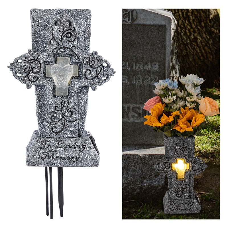 HUYIENO Solar Cemetery Vase with LED for FreshArtificial Flowers Grave Flower Cross Vase Headstones Vases with Spikes Gravestone Decor Memorial Gifts for Loss of Loved One