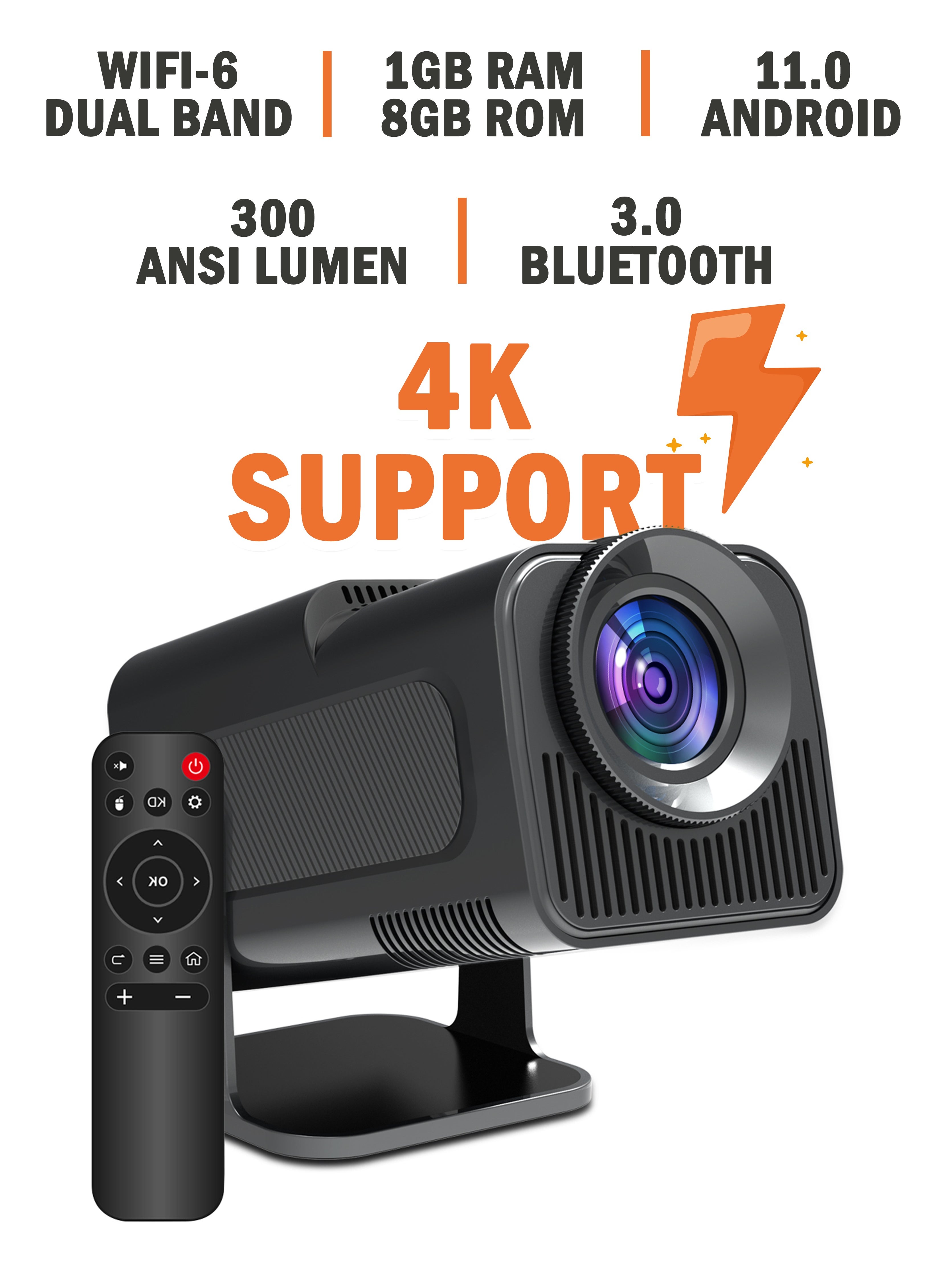 4K HD Smart Projector: Android 11, 390 ANSI Lumens, 1080P, 180° Rotating Screen, WiFi 6, Bluetooth 5.0 