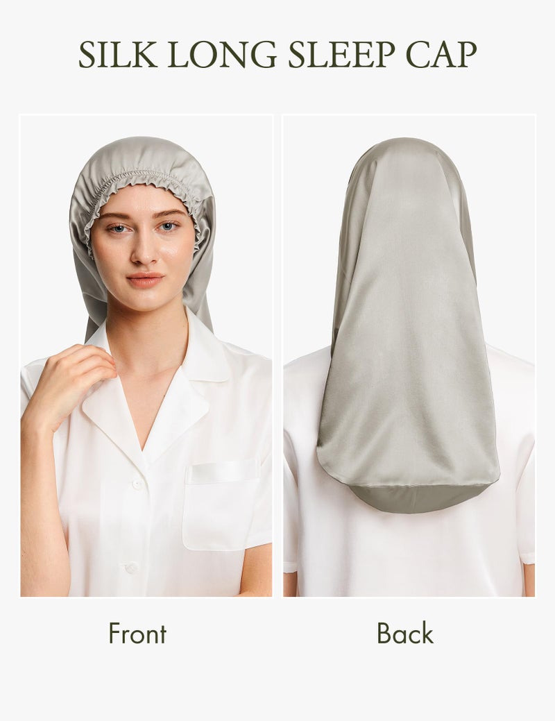 LilySilk غطاء رأس طويل من حرير التوت النقي من ليليسيلك للنوم - قبعة شعر حرير 19MM للشعر الطويل المجعد - قبعة نوم نسائية مع حزام مرن، رمادي فضي - Image 4