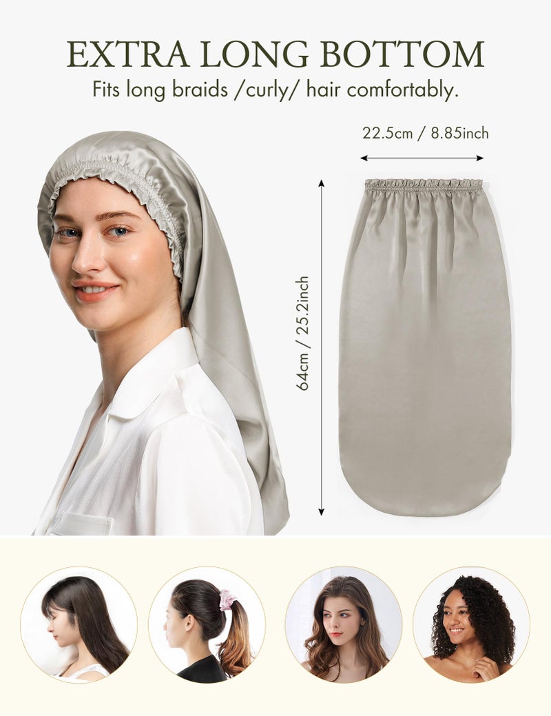 LilySilk غطاء رأس طويل من حرير التوت النقي من ليليسيلك للنوم - قبعة شعر حرير 19MM للشعر الطويل المجعد - قبعة نوم نسائية مع حزام مرن، رمادي فضي - Image 3
