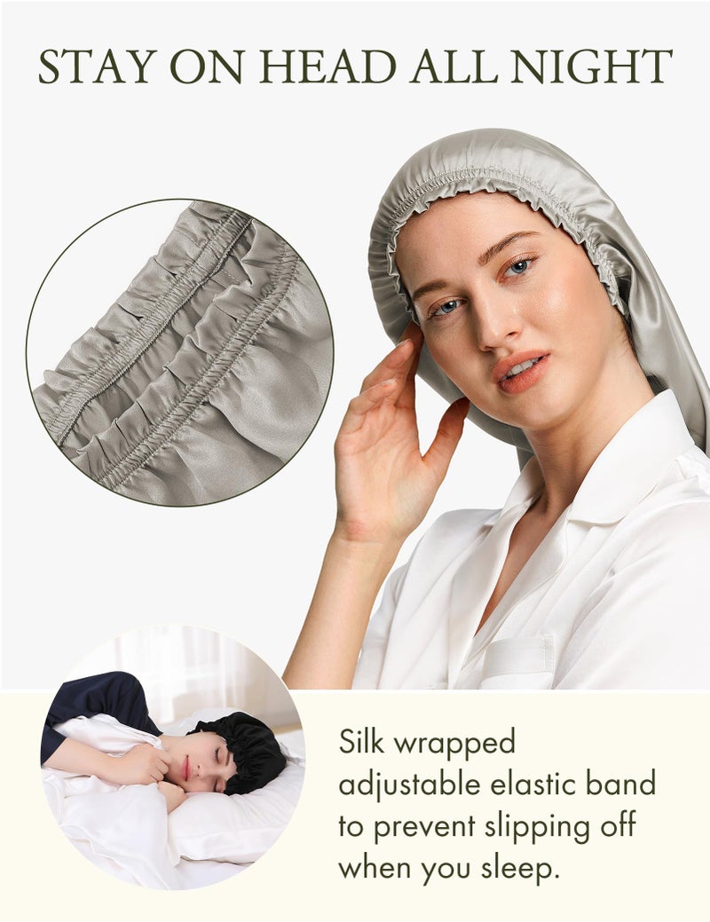 LilySilk غطاء رأس طويل من حرير التوت النقي من ليليسيلك للنوم - قبعة شعر حرير 19MM للشعر الطويل المجعد - قبعة نوم نسائية مع حزام مرن، رمادي فضي - Image 2