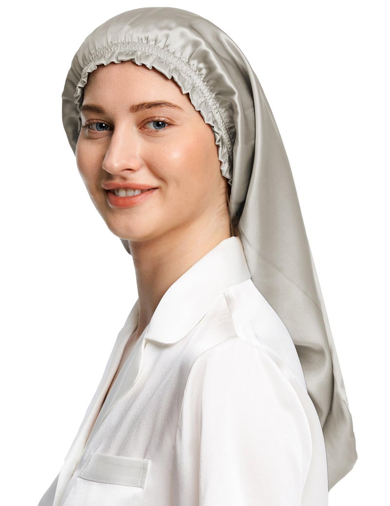LilySilk غطاء رأس طويل من حرير التوت النقي من ليليسيلك للنوم - قبعة شعر حرير 19MM للشعر الطويل المجعد - قبعة نوم نسائية مع حزام مرن، رمادي فضي - Image 1