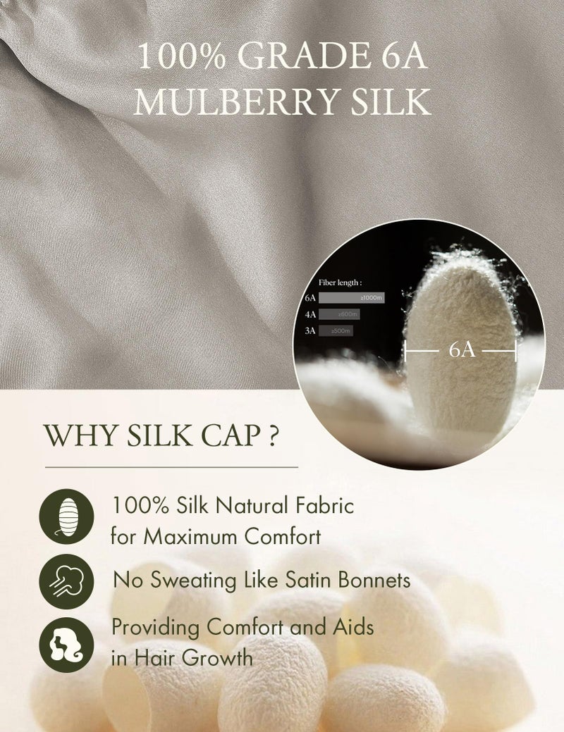 LilySilk غطاء رأس طويل من حرير التوت النقي من ليليسيلك للنوم - قبعة شعر حرير 19MM للشعر الطويل المجعد - قبعة نوم نسائية مع حزام مرن، رمادي فضي - Image 5