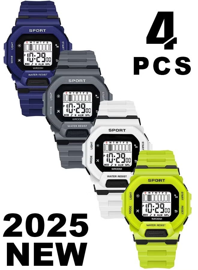 4pcs Kids Watch Boys Girls,Multifunctional Waterproof Watch For Kids,Digital Watch For Timing（Grey Blue White Green） - Image 1