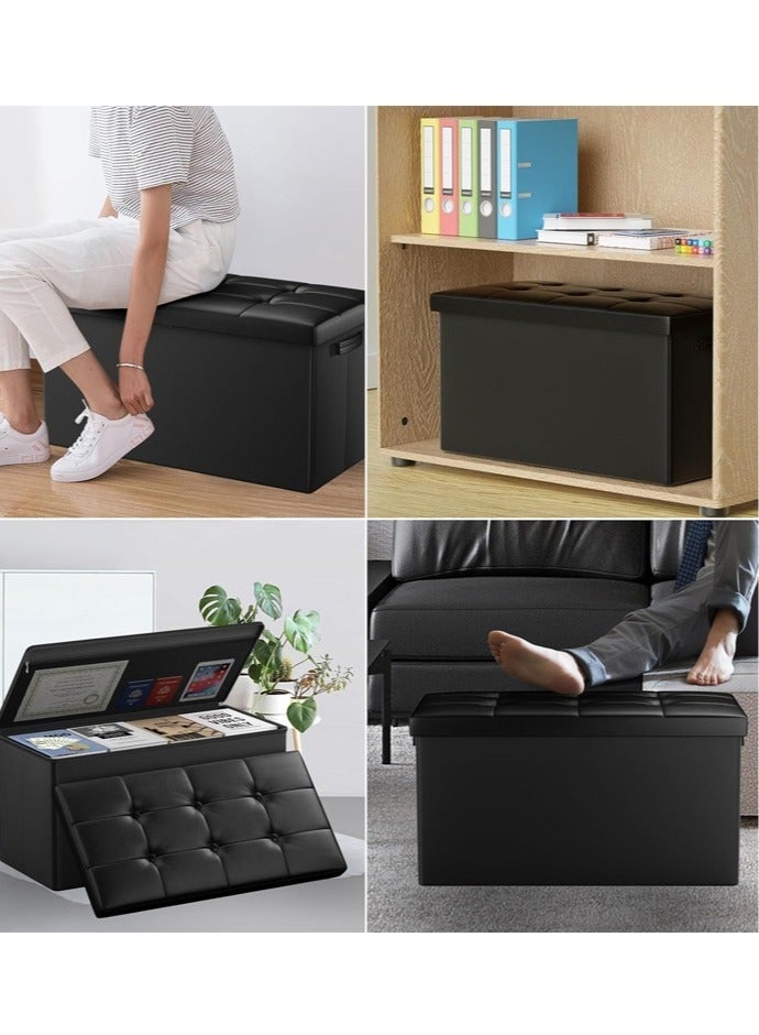 Generic 30 Inch Storage Ottoman Bench,Folding Ottoman Footrest, Rectangle Foot Stool,  for Bedroom Living Room Entryway Hallway Black Leather - Image 4