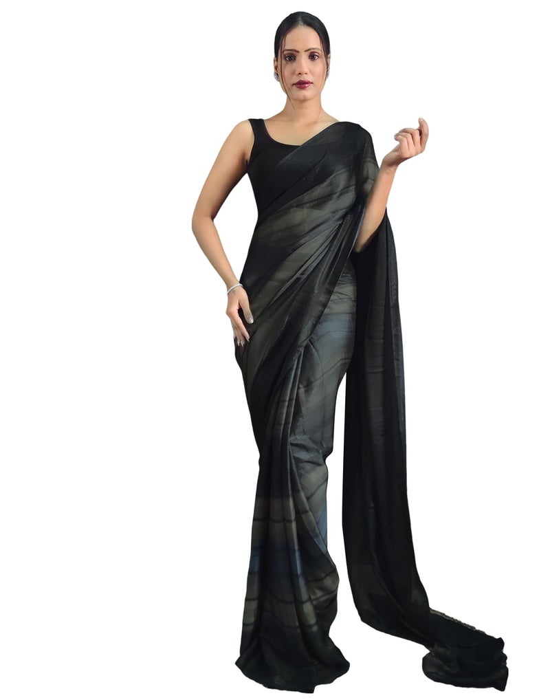 SIRIL Women's Georgette Printed Ready To Wear Saree, One Minute Stitched Saree With Unstitched Blouse Piece (3374S364_Black) - Image 1