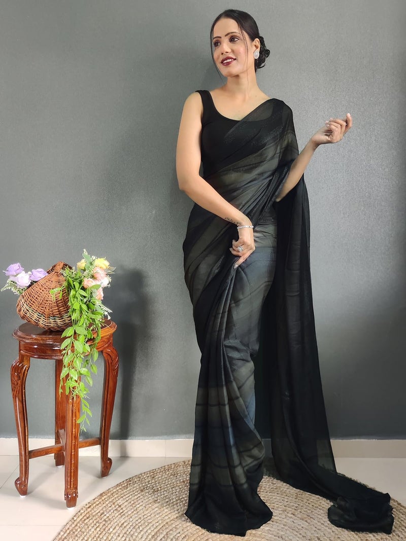 SIRIL Women's Georgette Printed Ready To Wear Saree, One Minute Stitched Saree With Unstitched Blouse Piece (3374S364_Black) - Image 4