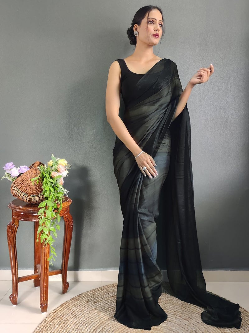 SIRIL Women's Georgette Printed Ready To Wear Saree, One Minute Stitched Saree With Unstitched Blouse Piece (3374S364_Black) - Image 3