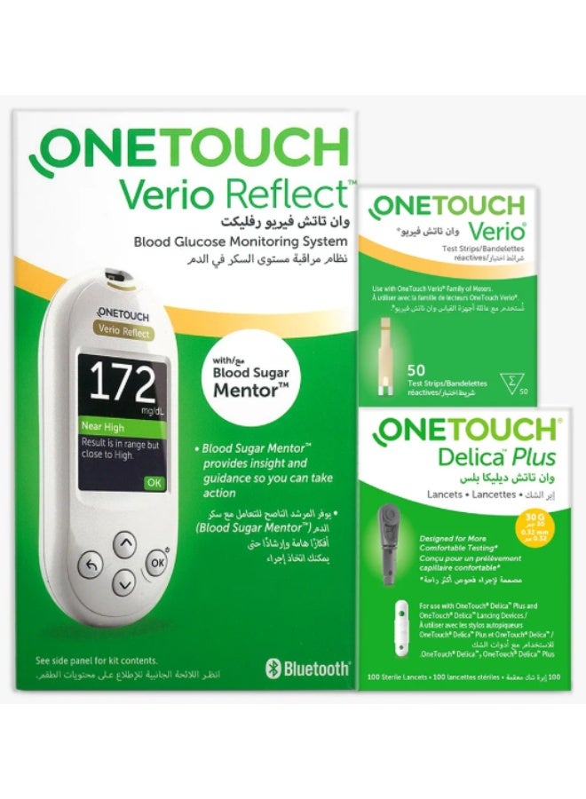 One Touch Ultra OneTouch Verio Reflect Blood Glucose Monitoring System + OneTouch Verio Test Strips 50's + OneTouch Delica Plus Lancets 100's - Offer Pack - Image 1