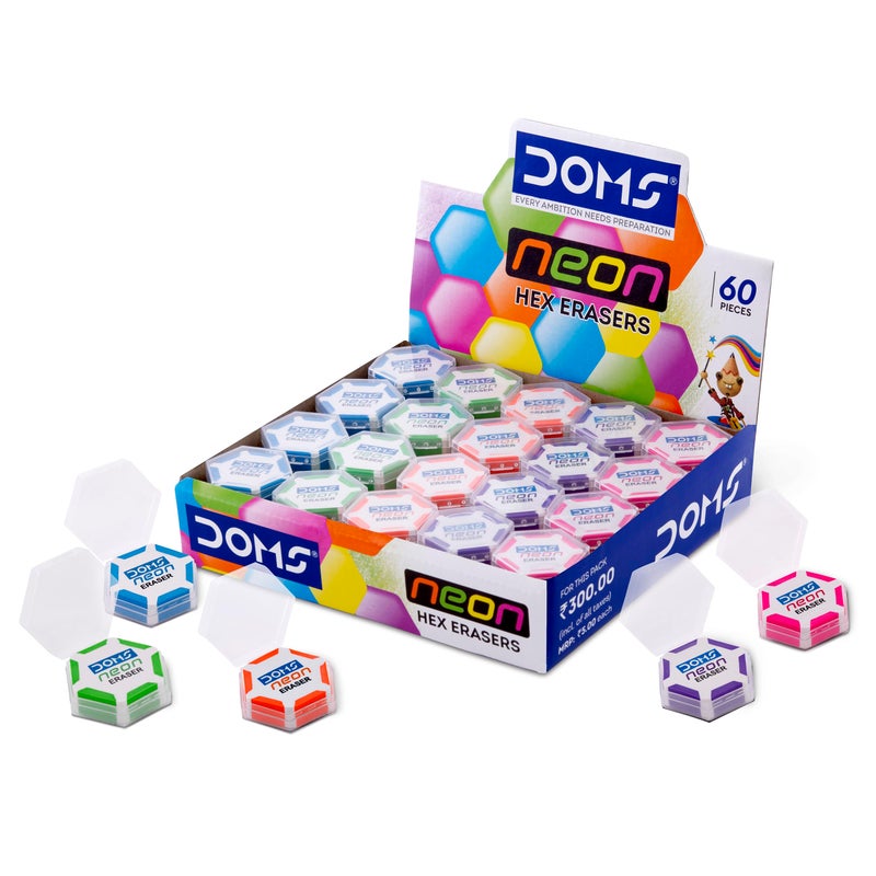 Doms Neon Eraser Box Pack | Hexagonal Eye Catching Design | Neat & Dust Free Erasing | Playful Body Colors | Plastic Case For Each Eraser | Pack of 30 Erasers - Image 2