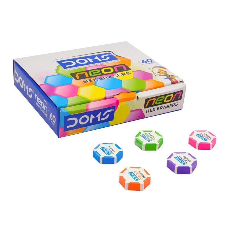 Doms Neon Eraser Box Pack | Hexagonal Eye Catching Design | Neat & Dust Free Erasing | Playful Body Colors | Plastic Case For Each Eraser | Pack of 30 Erasers - Image 5